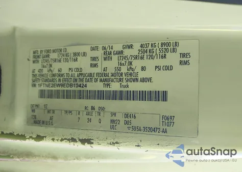 2014 Ford E-250 Commercial z USA, uszkodzony, nr VIN 1FTNE2EW9EDB19424